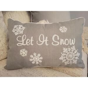 Let It Snow  Winter Christmas Throw Pillow Grey With Applique & Pearls